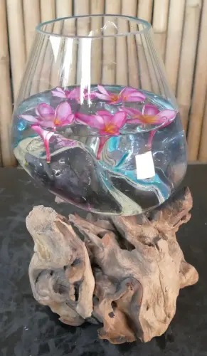 Product image of the product “Driftwood with melted glass (Model 1 - narrow opening) on top as plant container. In the sizes from 10 to 30cm ”